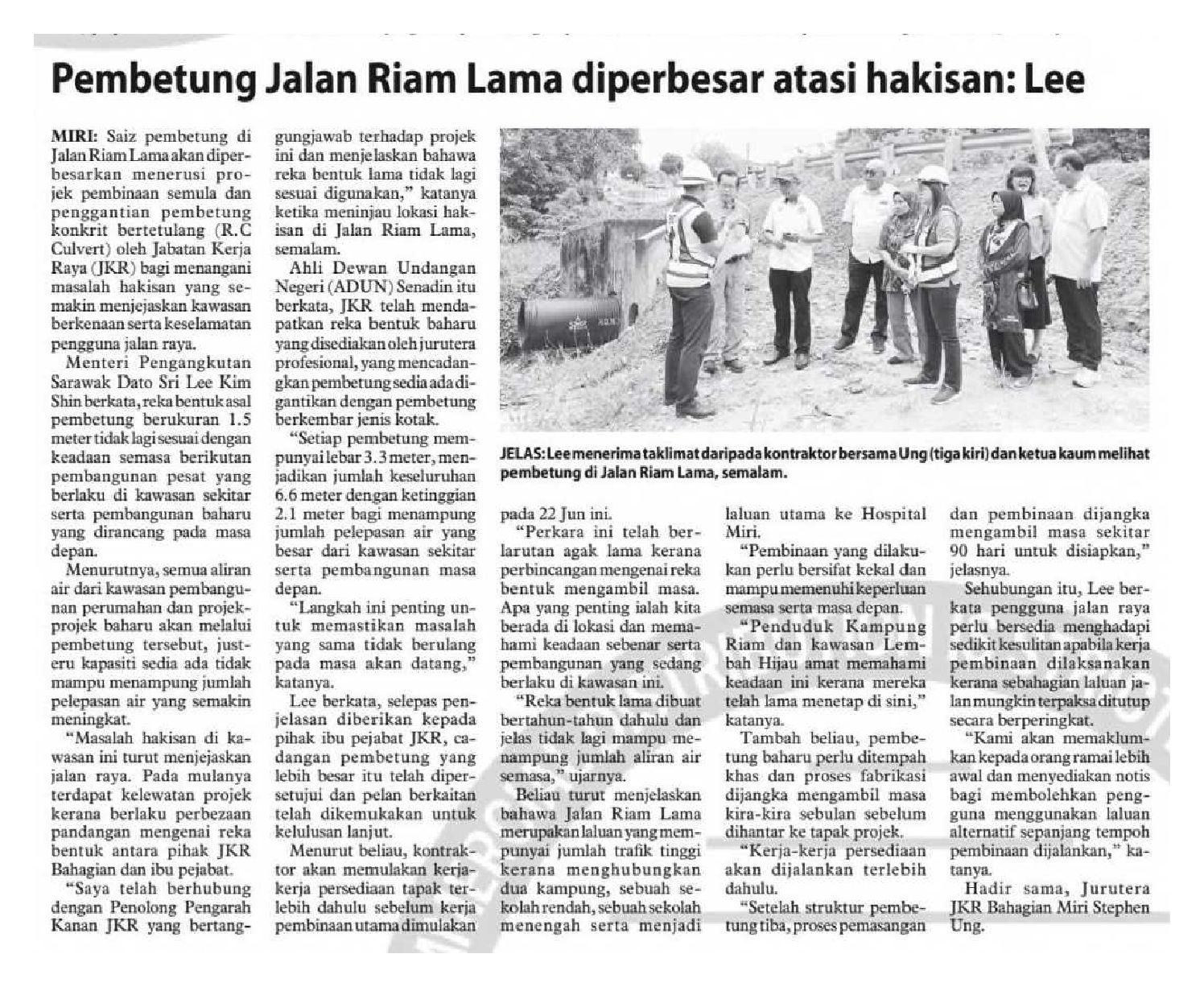 12 Jun 2026, Miri - Pembetung Jalan Riam Lama diperbesar atasi hakisan (Utusan Borneo Sarawak)